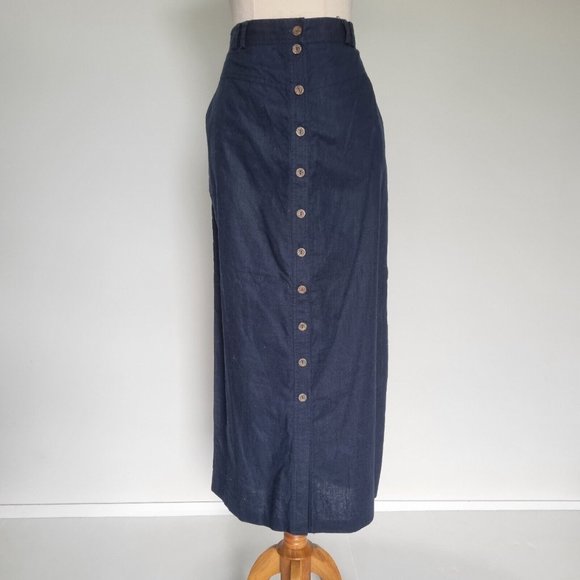 Katies Navy Blue Linen Blend Button Down Midi Skirt Vintage 90s Size 16 - Picture 2 of 9